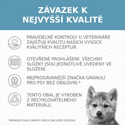 ZÁVAZEK K NEJVYŠŠÍ KVALITĚ. Pravidelné kontroly u veterináře, otevřené prohlášení složek, nejprodávanější značka granulí bez obilovin, obal z recyklovatelného materiálu.