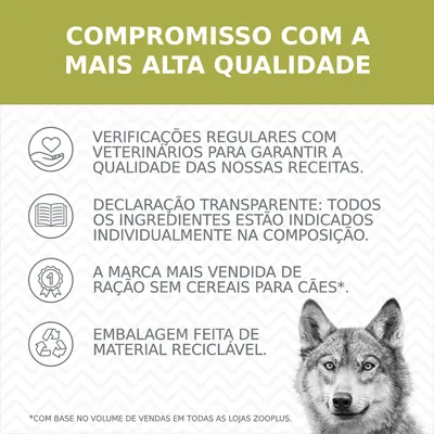 Compromisso com a mais alta qualidade: verificações veterinárias, declaração transparente de ingredientes, marca mais vendida de ração sem cereais para cães, embalagem reciclável.