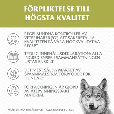 FÖRPLIKTELSE TILL HÖGSTA KVALITET. Regelbundna kontroller av veterinärer, tydlig innehållsdeklaration, mest sålda spannmålsfria torrfoder för hundar, återvinningsbar förpackning.