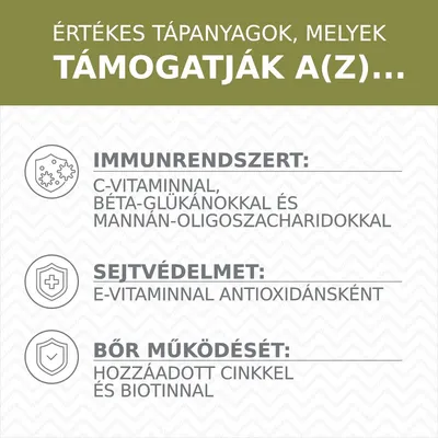 Értékes tápanyagok: immunrendszert C-vitaminnal, béta-glükánokkal és mannán-oligoszacharidokkal; sejtvédelmet E-vitaminnal antioxidánsként; bőr működését cinkkel és biotinnal.
