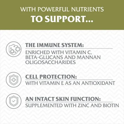Text v angličtine: The immune system – enriched with vitamin C, beta-glucans and mannan oligosaccharides; cell protection – with vitamin E as an antioxidant; an intact skin function – supplemented with zinc and biotin.