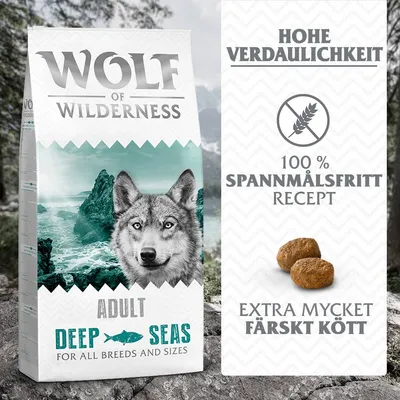 Wolf of Wilderness Adult Deep Seas torrfoder, text på tyska: Hohe Verdaulichkeit, 100 % spannmålsfritt recept, extra mycket färskt kött. Bild på två foderbitar.
