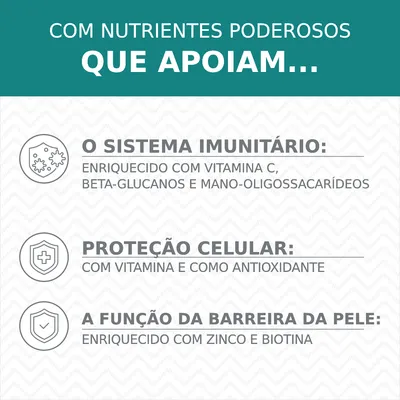 Com nutrientes poderosos que apoiam o sistema imunitário, proteção celular e a função da barreira da pele. Enriquecido com vitamina C, E, beta-glucanos, mano-oligossacarídeos, zinco e biotina.
