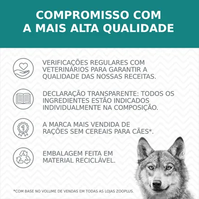 Compromisso com a mais alta qualidade: verificações regulares com veterinários, declaração transparente de ingredientes, marca mais vendida de rações sem cereais para cães, embalagem reciclável.