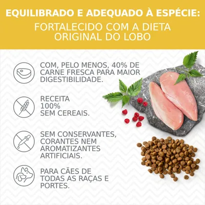 Equilibrado e adequado à espécie: Fortalecido com a dieta original do lobo. 40% carne fresca, sem cereais, sem conservantes, corantes ou aromatizantes artificiais. Para cães de todas as raças.