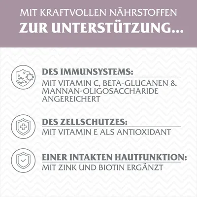 Mit kraftvollen Nährstoffen zur Unterstützung: Immunsystem mit Vitamin C, Beta-Glucanen, Zellschutz mit Vitamin E, Hautfunktion mit Zink und Biotin.