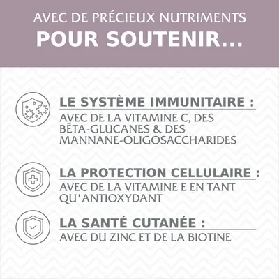 Avec des nutriments précieux pour le soutien : système immunitaire avec vitamine C, protection cellulaire avec vitamine E, santé de la peau avec zinc et biotine. Avec des nutriments précieux pour le soutien : système immunitaire avec vitamine C, protection cellulaire avec vitamine E, santé de la peau avec zinc et biotine.