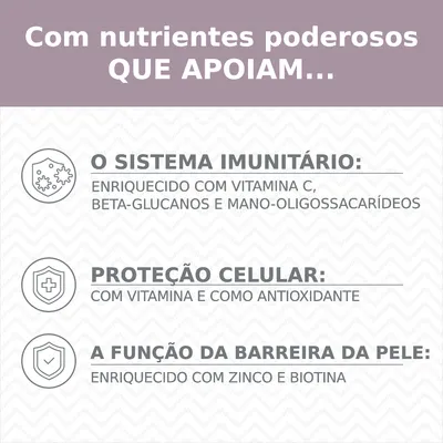 Com nutrientes poderosos que apoiam: o sistema imunitário, proteção celular e a função da barreira da pele. Enriquecido com vitamina C, beta-glucanos, zinco, biotina e vitamina E.