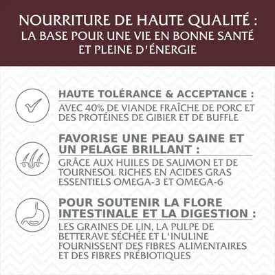 Nourriture de haute qualité : haute tolérance avec 40 % de viande fraîche, huiles riches en oméga-3 et oméga-6, fibres alimentaires et prébiotiques pour la digestion. Texte en fr_BE.