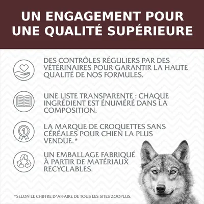 Un engagement pour une qualité supérieure : contrôles vétérinaires, liste transparente des ingrédients, marque de croquettes sans céréales la plus vendue, emballage recyclable.