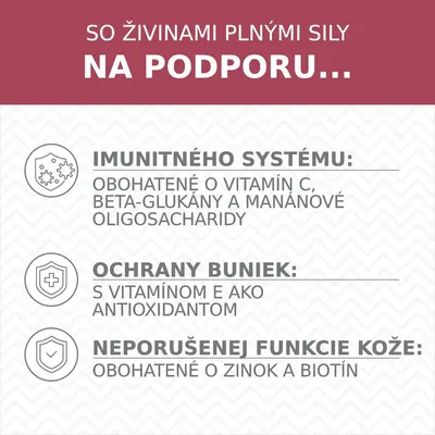 So živinami plnými sily na podporu imunitného systému, ochrany buniek a neporušenej funkcie kože. Obohatené o vitamín C, E, zinok, biotín, beta-glukány a manánové oligosacharidy.