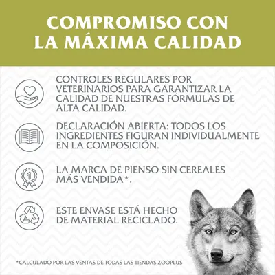 Compromiso con la máxima calidad: controles veterinarios, ingredientes declarados individualmente, marca de pienso sin cereales más vendida, envase de material reciclado.