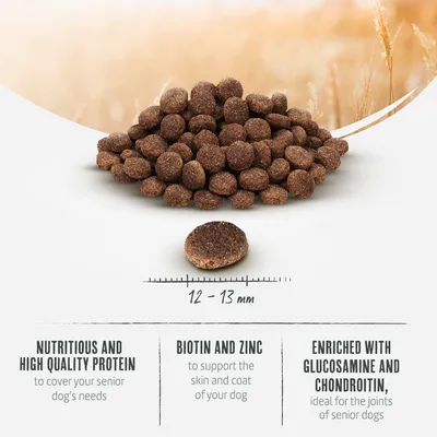 Trockenfutterkroketten, Grösse 12-13 mm. Enthält hochwertiges Protein, Biotin und Zink für Haut und Fell sowie Glucosamin und Chondroitin für die Gelenke älterer Hunde.