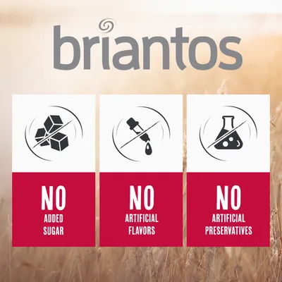 Briantos. Cukor hozzáadása nélkül, mesterséges aromák nélkül, mesterséges tartósítószerek nélkül.