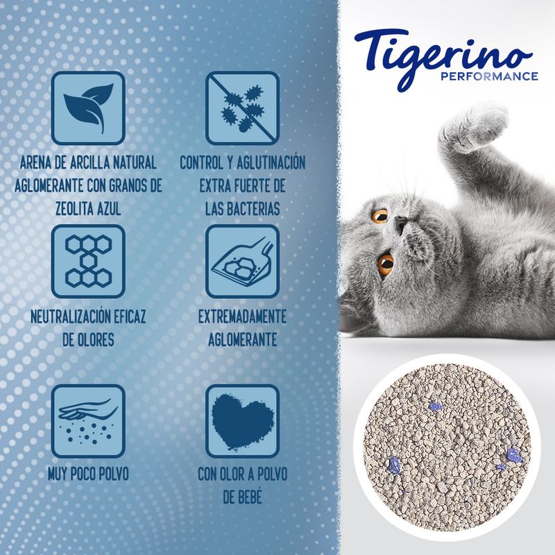 Tigerino Performance Zeolite Control arena aglomerante con olor a talco