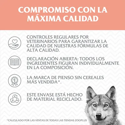 Compromiso con la máxima calidad: controles veterinarios, declaración abierta de ingredientes, marca de pienso sin cereales más vendida, envase de material reciclado. Calculado por ventas Zooplus.