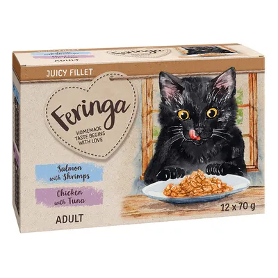 Feringa Juicy Fillet Adult, varianti: salmone con gamberetti, pollo con tonno. La confezione mostra un gatto nero davanti a un piatto di cibo. Contenuto: 12 x 70 g.