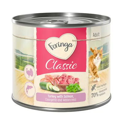 Feringa Classic Adult, dinde avec saumon, courgette et cresson. Recette sans céréales, 70 % ingrédients animaux sélectionnés. Image d’un chat et des ingrédients visibles sur l’emballage.