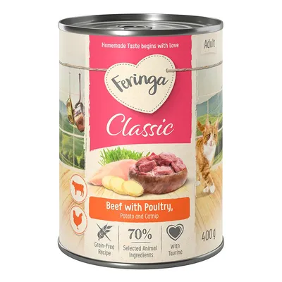Feringa Classic Beef with Poultry, Potato and Catnip, ricetta senza cereali, 70% ingredienti animali selezionati, con taurina, lattina da 400 g per adulti. Testo in inglese.