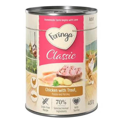 Feringa Classic Adult, Chicken with Trout, Potato and Parsley, ricetta senza cereali, 70% ingredienti animali selezionati, con taurina, lattina da 400 g. Testo in inglese.