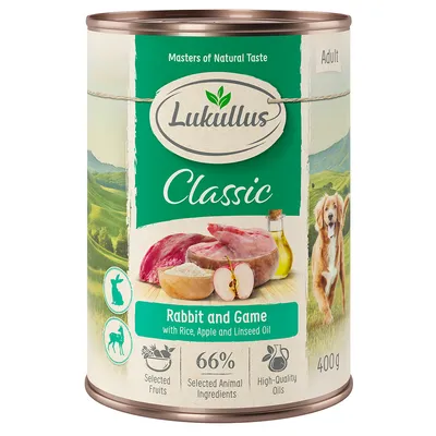 Lukullus Classic Adult konijn en wild met rijst, appel en lijnzaadolie. 66% geselecteerde dierlijke ingrediënten, geselecteerd fruit, hoogwaardige oliën. Blik van 400 g.