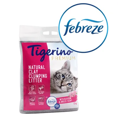 Litière agglomérante Tigerino Premium Natural Clay, parfum Febreze Blossom & Breeze, contrôle des odeurs, 12 kg. Texte en anglais sur l’emballage.