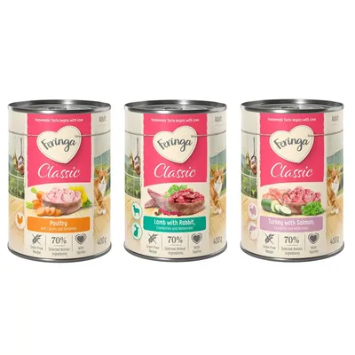 Tre lattine Feringa Classic: Poultry con carote e tarassaco, Lamb with Rabbit con mirtilli rossi e crescione, Turkey with Salmon con zucchine e crescione, 400 g ciascuna.