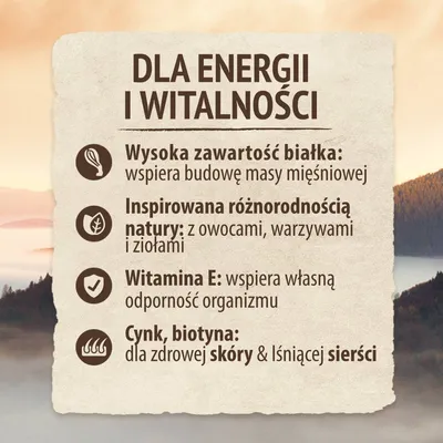 Dla energii i witalności: wysoka zawartość białka, inspirowana różnorodnością natury, witamina E, cynk i biotyna dla skóry i sierści. Tekst po polsku.