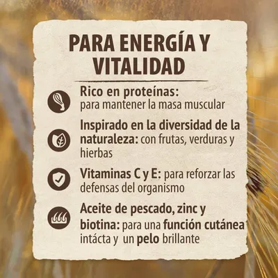 Para energía y vitalidad: rico en proteínas, inspirado en la diversidad de la naturaleza, vitaminas C y E, aceite de pescado, zinc y biotina. Texto en español.