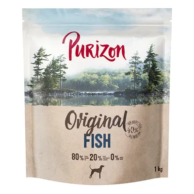 Purizon Original Fish, 80 % poisson et viande, 20 % fruits et légumes, 0 % céréales ajoutées, 1 kg, illustration de chien sur l’emballage