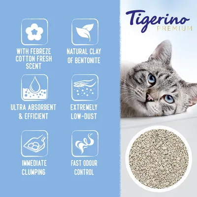 Tigerino Premium. Teksti englanniksi: with Febreze cotton fresh scent, natural clay of bentonite, ultra absorbent & efficient, extremely low-dust, immediate clumping, fast odour control.