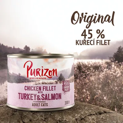 Konzerva Purizon Chicken Fillet with Turkey & Salmon pro dospělé kočky, 200 g. Text: Original 45 % kuřecí filet, 45 % chicken fillet.