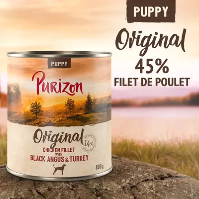 Purizon Puppy Original 45% filet de poulet, chicken fillet with Black Angus & turkey, 800 g. Texte en anglais sur l’étiquette et dans l’image.