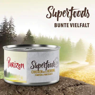 Purizon Superfoods Huhn mit Hering, Kürbis und Granatapfel. 173g Dose. Bunte Vielfalt.