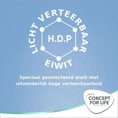 Licht verteerbaar eiwit H.D.P. Speciaal geselecteerd eiwit met uitzonderlijk hoge verteerbaarheid. Concept for Life Caring Every Day.