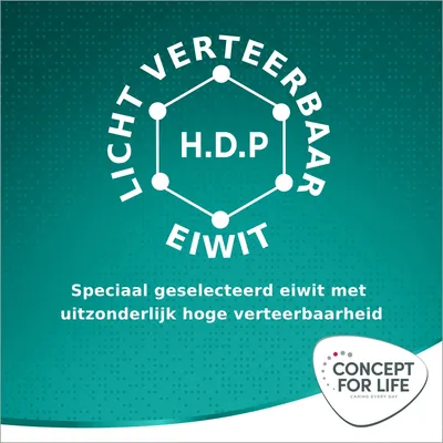 Licht verteerbaar eiwit H.D.P. Speciaal geselecteerd eiwit met uitzonderlijk hoge verteerbaarheid. Concept for Life Caring Every Day.