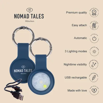 Nomad Tales München sleutelhanger met LED-licht, USB-oplaadbaar, automatische functie, 3 verlichtingsmodi, zichtbaarheid ’s nachts, premiumkwaliteit, eenvoudig te bevestigen.