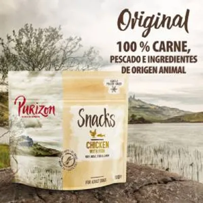 Purizon Snacks Chicken with Fish para perros adultos. Original, 100 % carne, pescado e ingredientes de origen animal. Texto en inglés y español visible en el envase y la imagen.