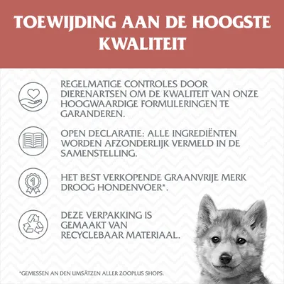 Toewijding aan de hoogste kwaliteit: regelmatige controles door dierenartsen, open declaratie ingrediënten, best verkopend graanvrij droog hondenvoer, verpakking van recyclebaar materiaal.