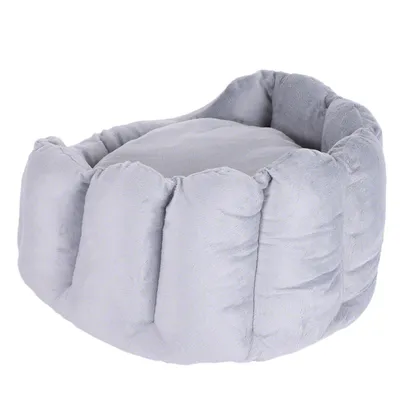 Rond huisdierenbed van lichtgrijze stof met opstaande, gewatteerde rand en zachte vulling. Geen merknaam of extra tekst zichtbaar.