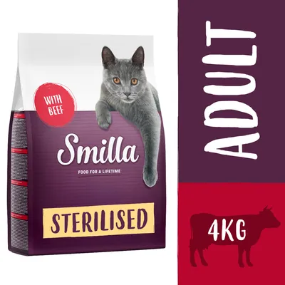 Smilla Sterilised Adult Katzenfutter mit Rind, 4kg. Für sterilisierte Katzen. Food for a lifetime.