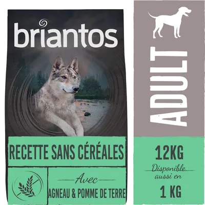 briantos RECETTE SANS CÉRÉALES Avec AGNEAU & POMME DE TERRE ADULT 12KG Disponible aussi en 1 KG