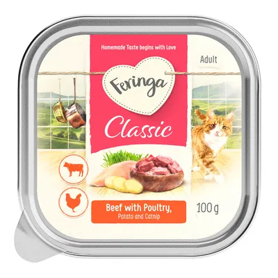 Feringa Classic Adult. Beef with Poultry, Potato and Catnip. 100 g. Abgebildet sind Rindfleisch, Geflügel, Kartoffel und Katzengras sowie eine Katze. Feringa Classic Adult. Beef with Poultry, Potato and Catnip. 100 g. Abgebildet sind Rindfleisch, Geflügel, Kartoffel und Katzengras sowie eine Katze.
