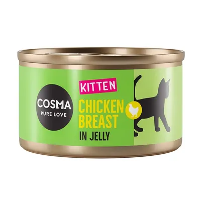 Boîte Cosma Pure Love, texte visible : KITTEN CHICKEN BREAST IN JELLY, silhouette de chat et poulet sur l’étiquette verte.