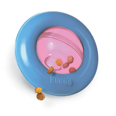 KONG toy with blue ring and pink ball, dry food falls out.