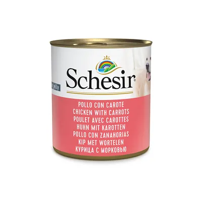 Schesir Dose mit Huhn und Karotten in Jelly. Mehrsprachige Beschriftung: Pollo con Carote, Chicken with Carrots, Poulet avec Carottes, Kip met Wortelen, Курица с морковью.