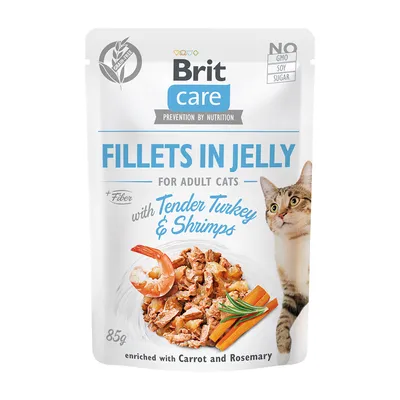 Brit Care Fillets in Jelly per gatti adulti, con tacchino e gamberetti, arricchito con carota e rosmarino, senza OGM, soia o zucchero, 85g. Testo in inglese sulla confezione.