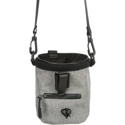 Grey treat pouch with zip compartment, clip and detachable shoulder strap. Suitable for travel.