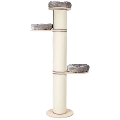 Tiragraffi alto con colonna rivestita in sisal chiaro, tre piattaforme circolari in legno chiaro con lettini imbottiti grigi. Nessun marchio visibile.