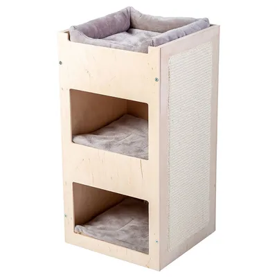 Tiragraffi in legno chiaro con tre livelli imbottiti in tessuto grigio e pannello laterale in sisal visibile per graffiare.